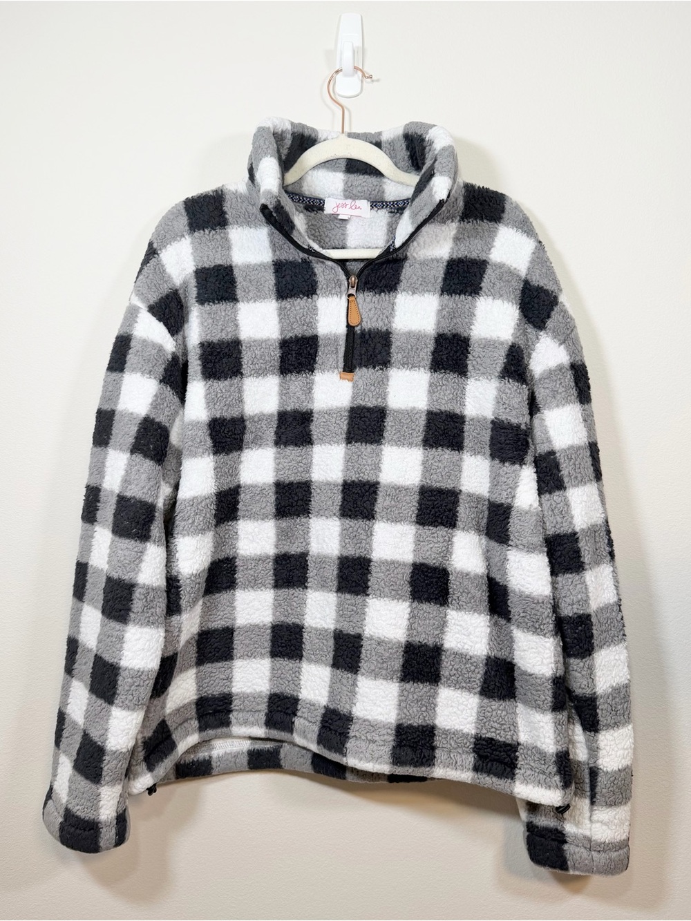Jess Lea Sherpa Pullover Black White Buffalo Check Fleece Teddy Jacket Women XXL